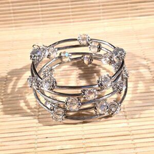 Silver Tone Crystal Wrap Bracelet With Clear Faceted Beads & Filigree Details